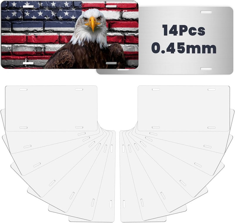 AceSubli 14 Pcs Sublimation License Plate Blanks for Heat Transfer Vinyl, Pesonalized Picture Metal Sublimation Blanks, Aluminum Car Front License Plate Tags for Automotive Men Women Gift 0.45mm Thick - Image 1